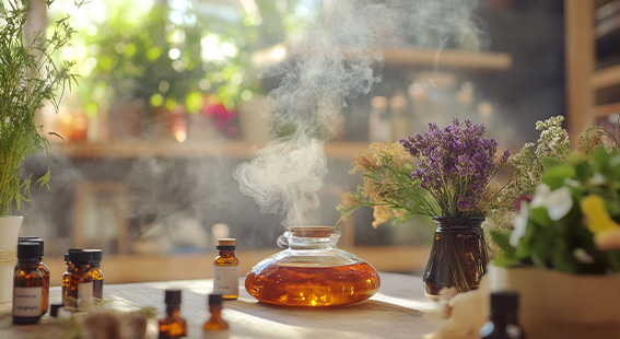 bocal d'huile essentielle avec fumée qui sort à côté de fleurs et de flacons d'huiles essentielles
