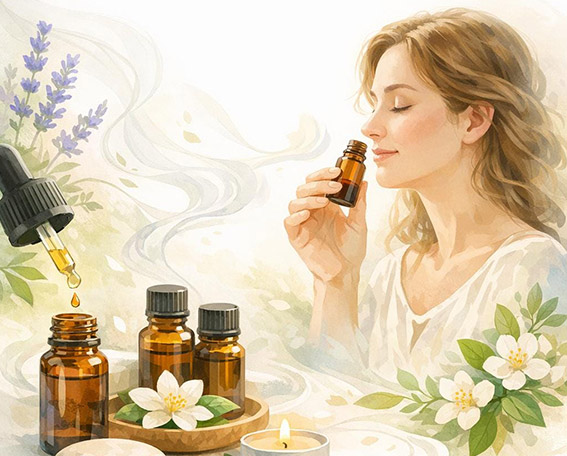 Illustration d'un jeune femme en train de sentir une huile essentielle